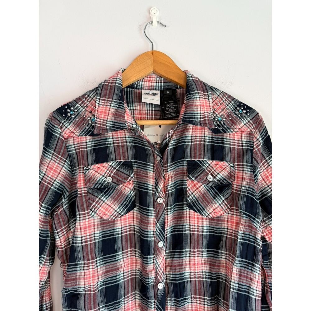 Harley Davidson Womens Plaid Embroidered Studs Shirt Medium Biker Moto - Picture 2 of 11